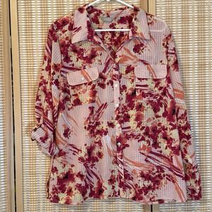 Coral Bay Womens XL Blouse Sheer Floral Roll Tab Sleeves Artsy Paint Strokes